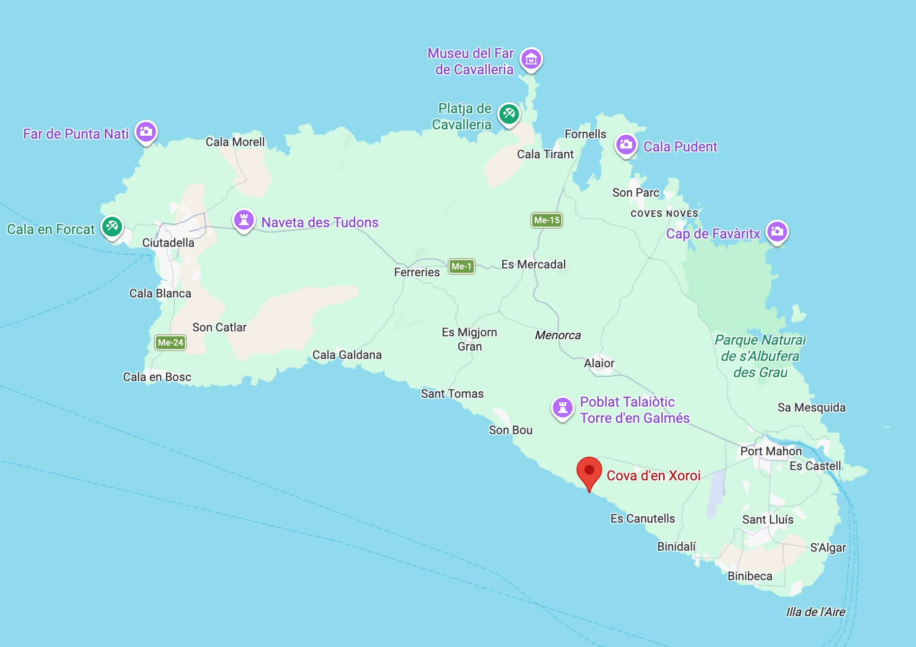 Situation de la Cova d'en Xoroi à Minorque sur une carte.