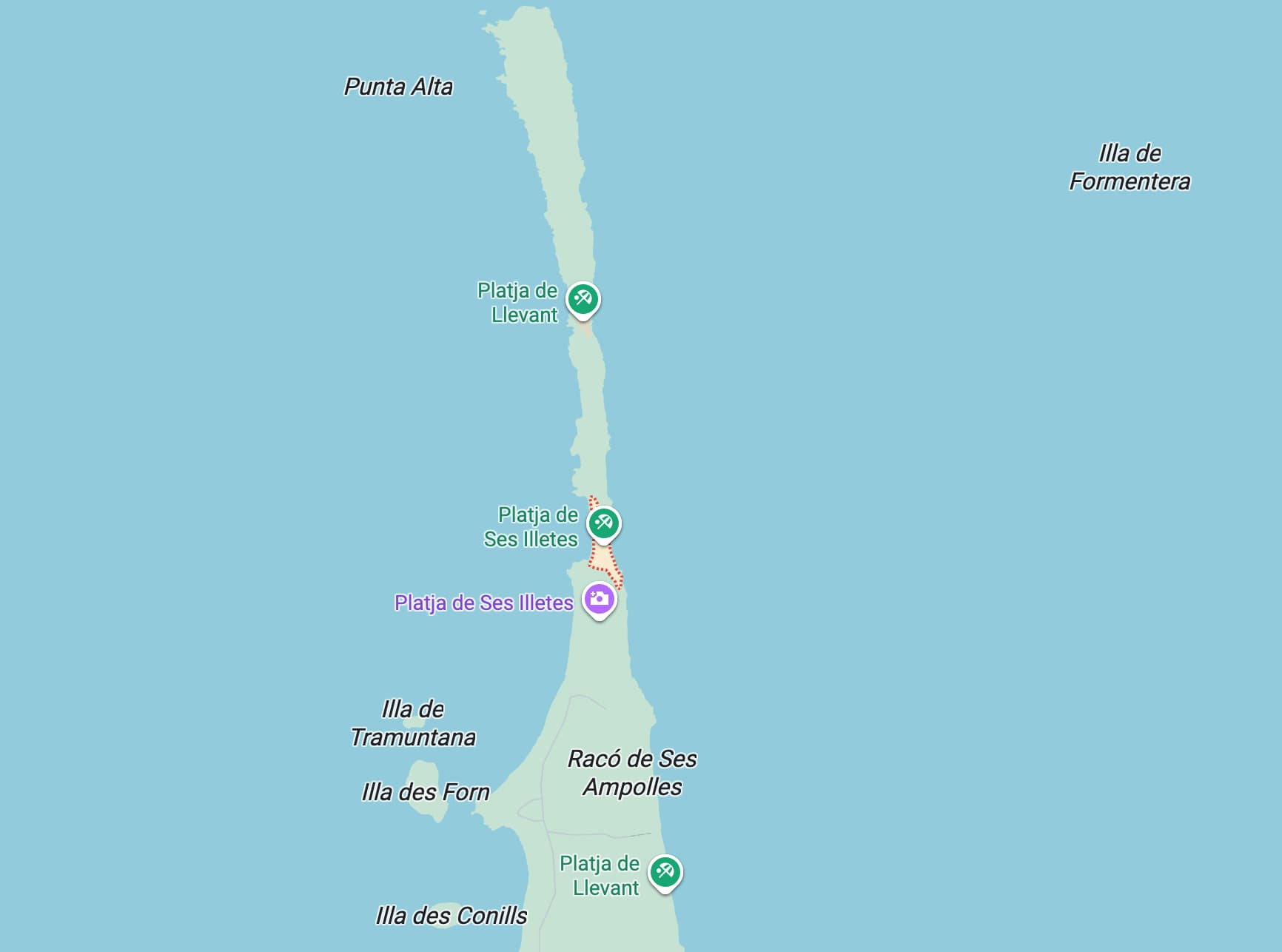 Carte de la plage de Ses Illetes à Formentera.