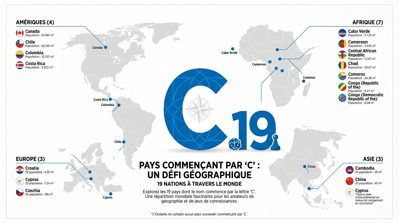 Carte du monde mettant en avant les pays dont le nom commence par la lettre C pour le jeu du Petit Bac