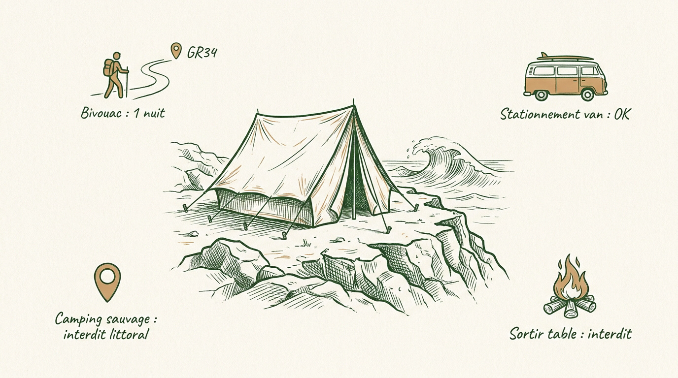 Matériel de bivouac et carnet de voyage au bord des côtes bretonnes