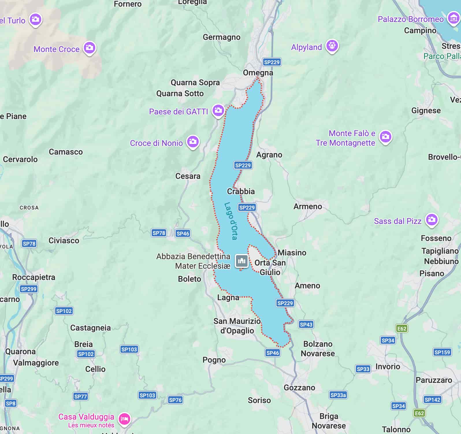 Carte du lac d'Orta en Italie.