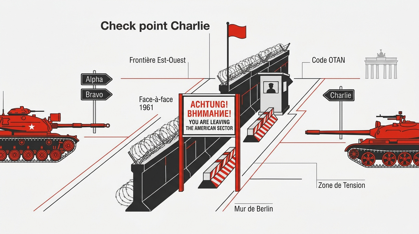 Le poste de contrôle Checkpoint Charlie à Berlin avec le portrait d'un soldat