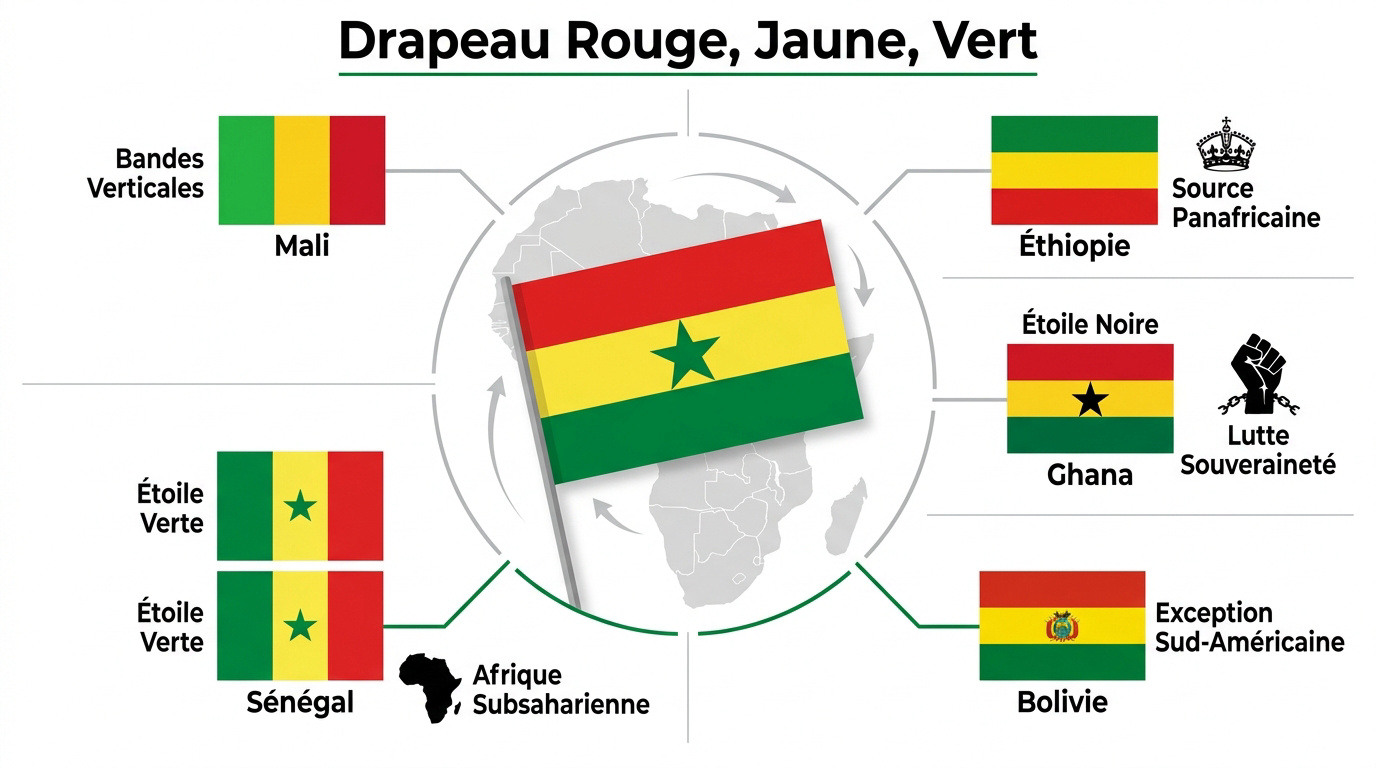 Variations des drapeaux nationaux rouge jaune et vert avec étoiles et emblèmes