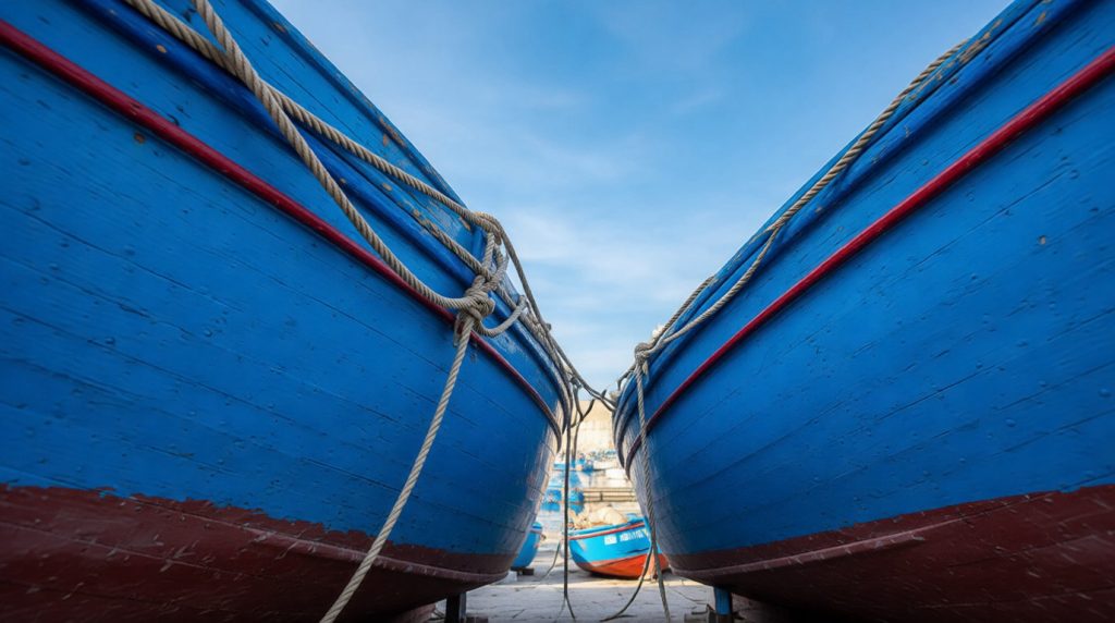 Vue de deux bateaux de pêche bleus et rouges, leurs coques usées, amarrés sur la terre ferme à Monopoli sous un ciel clair.