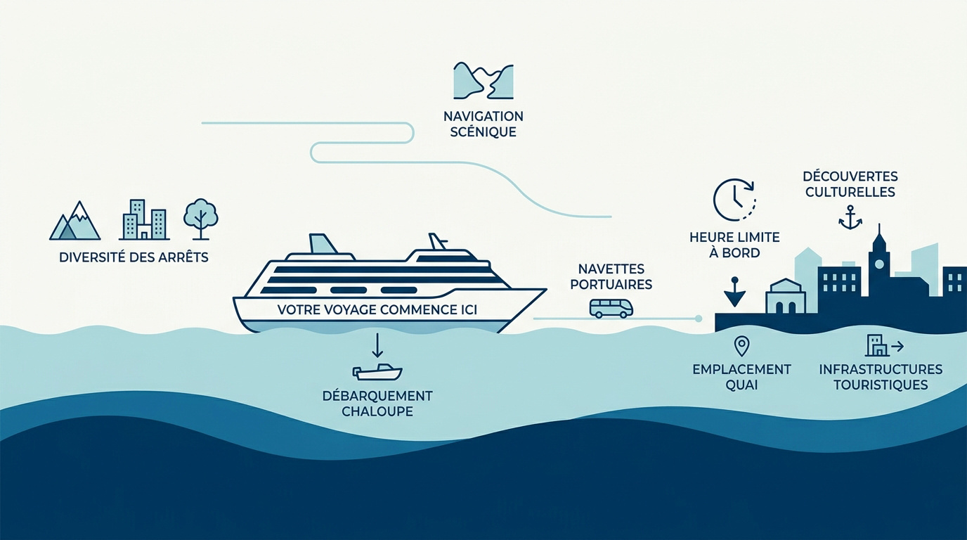 Infographie expliquant le déroulement et l'organisation des escales lors d'une croisière