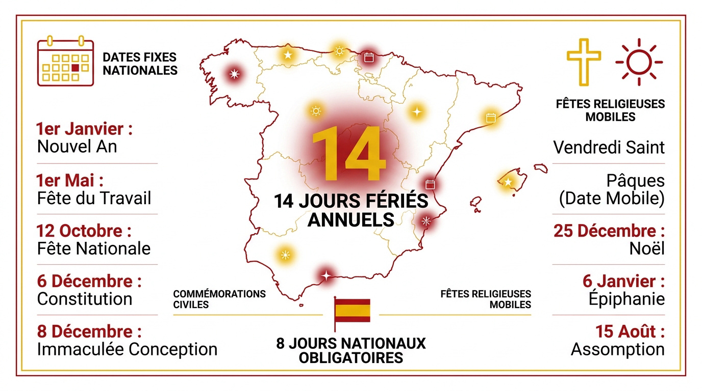 Calendrier des jours fériés nationaux en Espagne avec drapeaux et dates clés