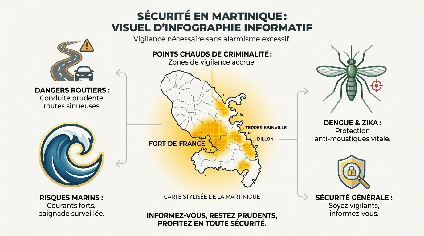 Infographie sur les conseils de sécurité et zones de vigilance en Martinique