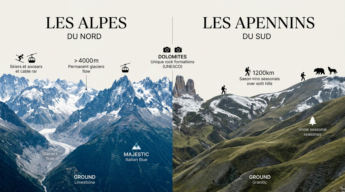 Comparaison visuelle entre les sommets enneigés des Alpes et les reliefs boisés des Apennins italiens