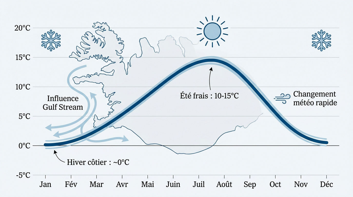 Graphique des températures moyennes mensuelles en Islande montrant les variations saisonnières