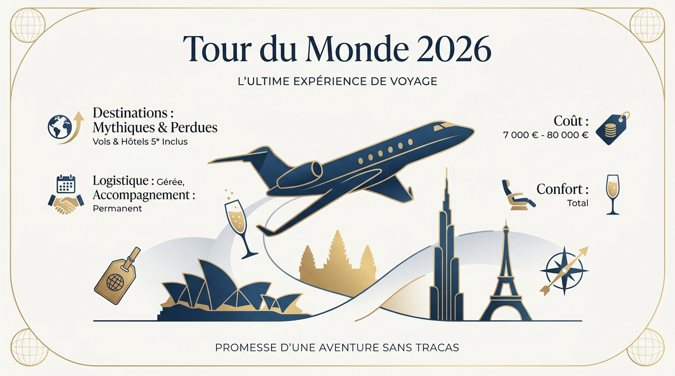 Vue aérienne d'un avion survolant des îles paradisiaques pour un tour du monde de luxe