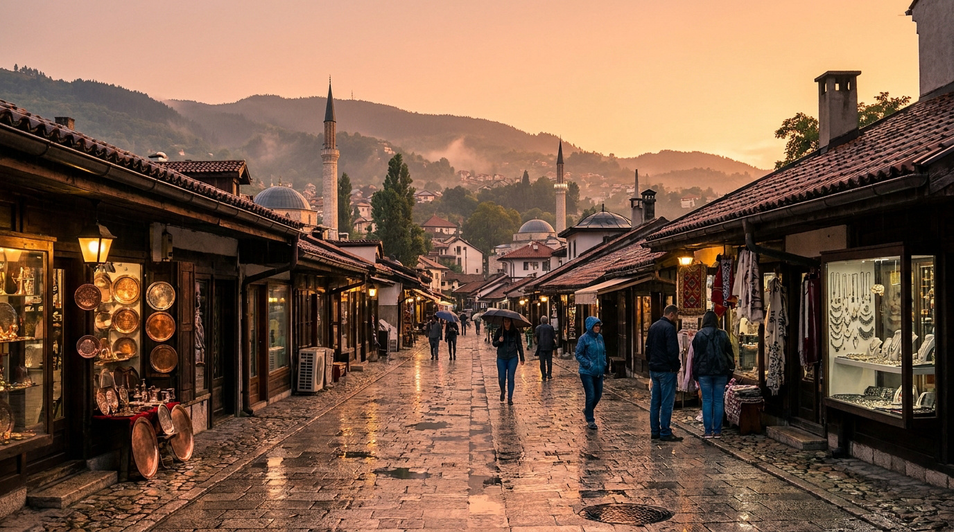 Une rue pavée et pittoresque de Baščaršija à Sarajevo sous une lumière dorée, avec des boutiques d'artisanat et des minarets.