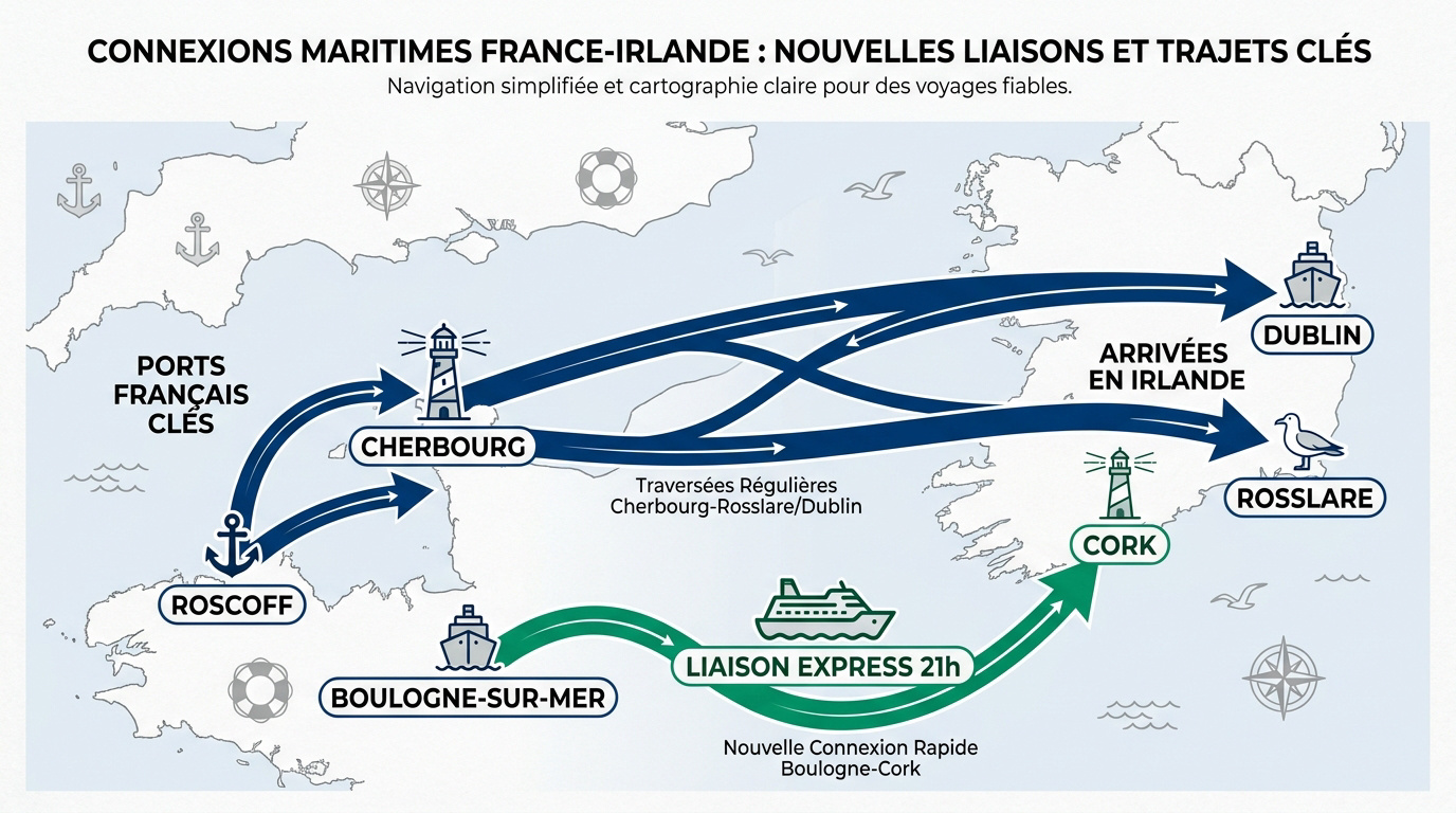 Carte des liaisons maritimes en ferry entre les ports de France et d'Irlande