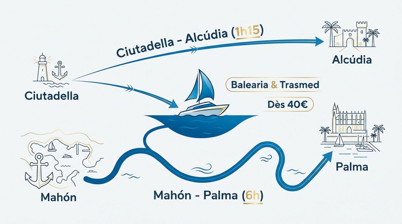 Carte des itinéraires en ferry entre Minorque et Majorque