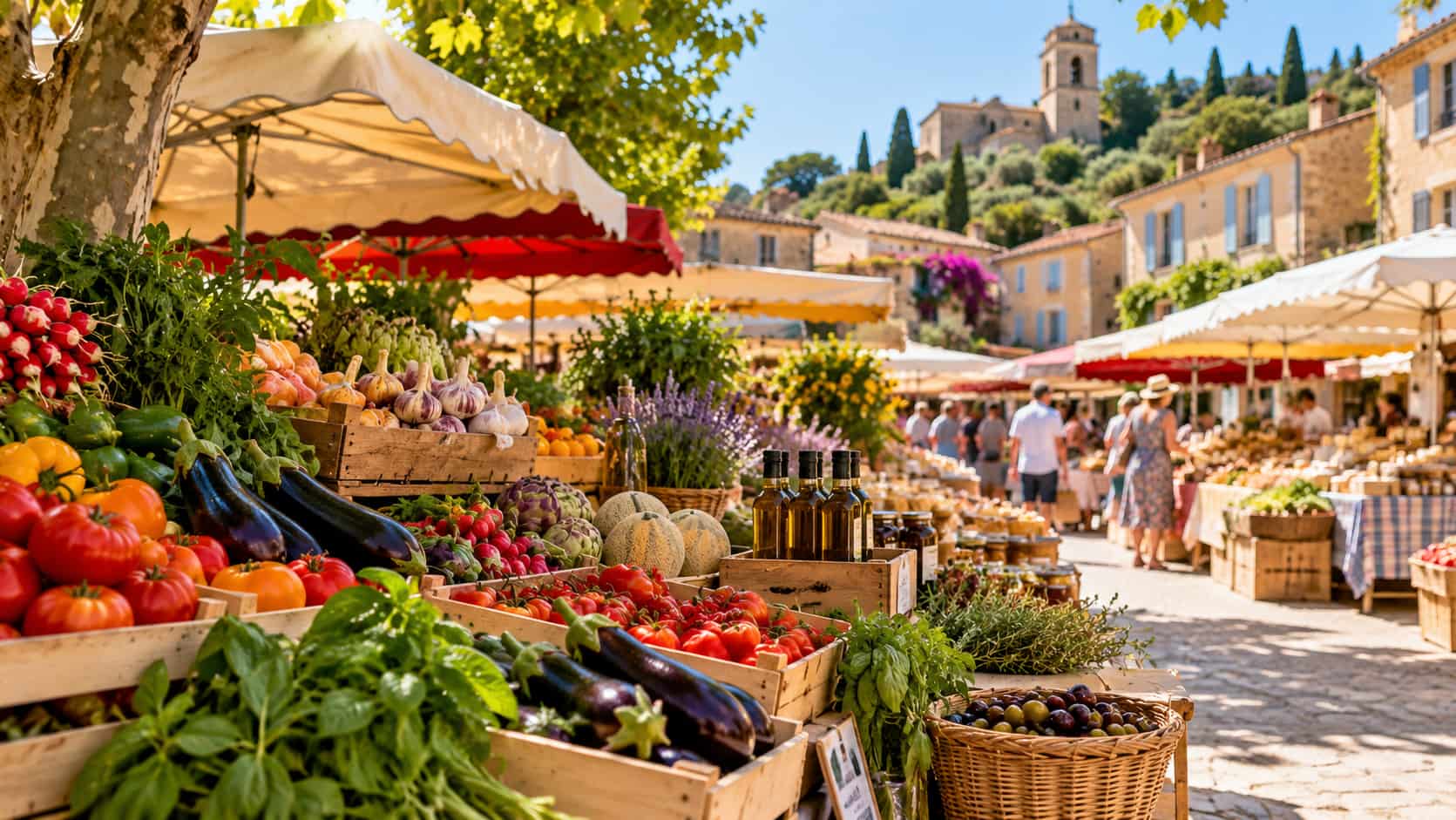 Les étals d'un marché local.
