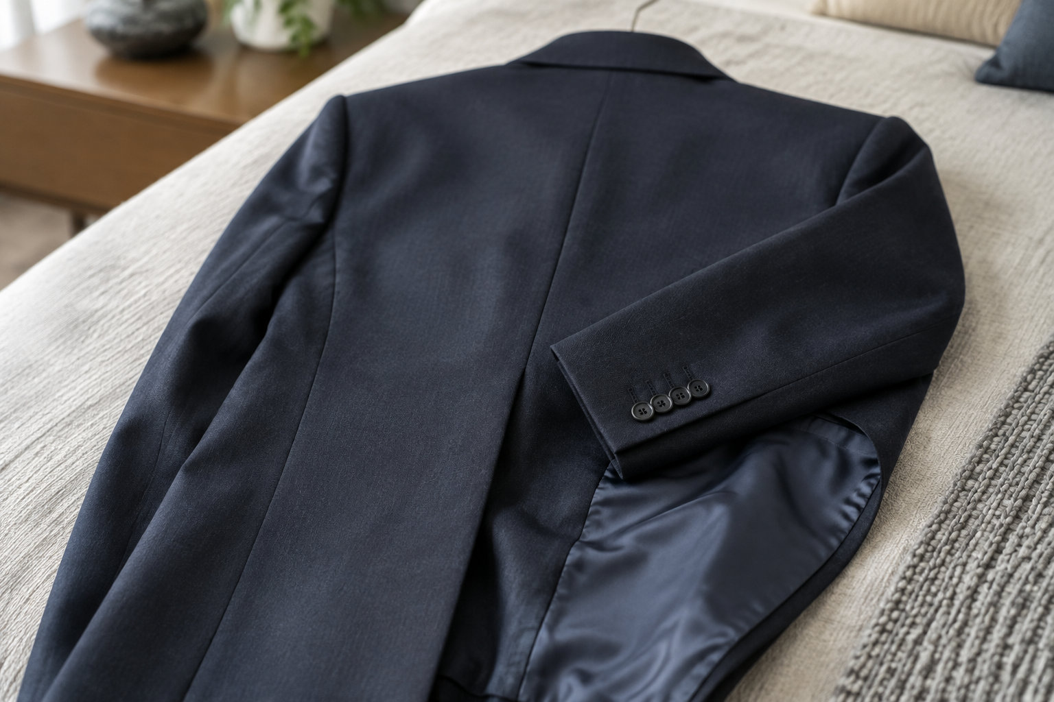 Une veste de costume bleu foncé est posée sur un canapé clair, avec sa doublure et les boutons de manche visibles.