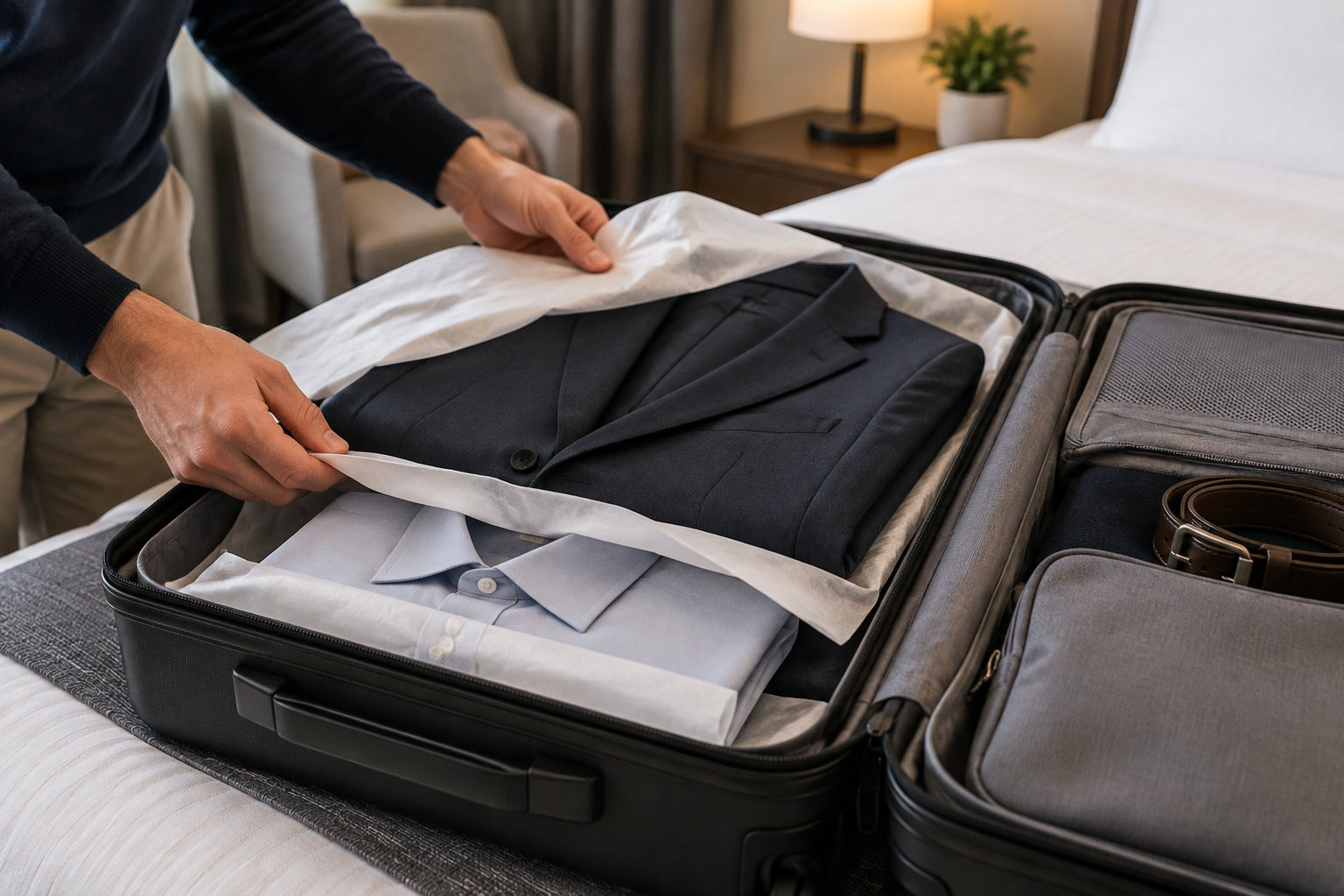Une personne range une veste et une chemise pliées dans une valise ouverte, avec une ceinture dans le compartiment voisin.