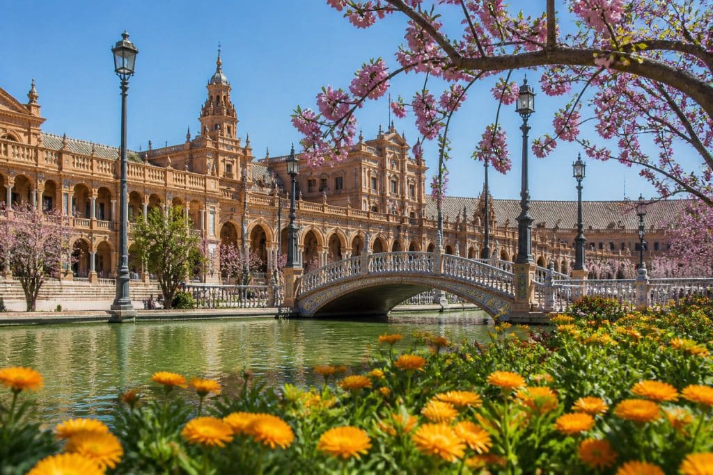 Vue de la Place d'Espagne à Séville avec ses ponts emblématiques, son canal et des fleurs colorées au premier plan.