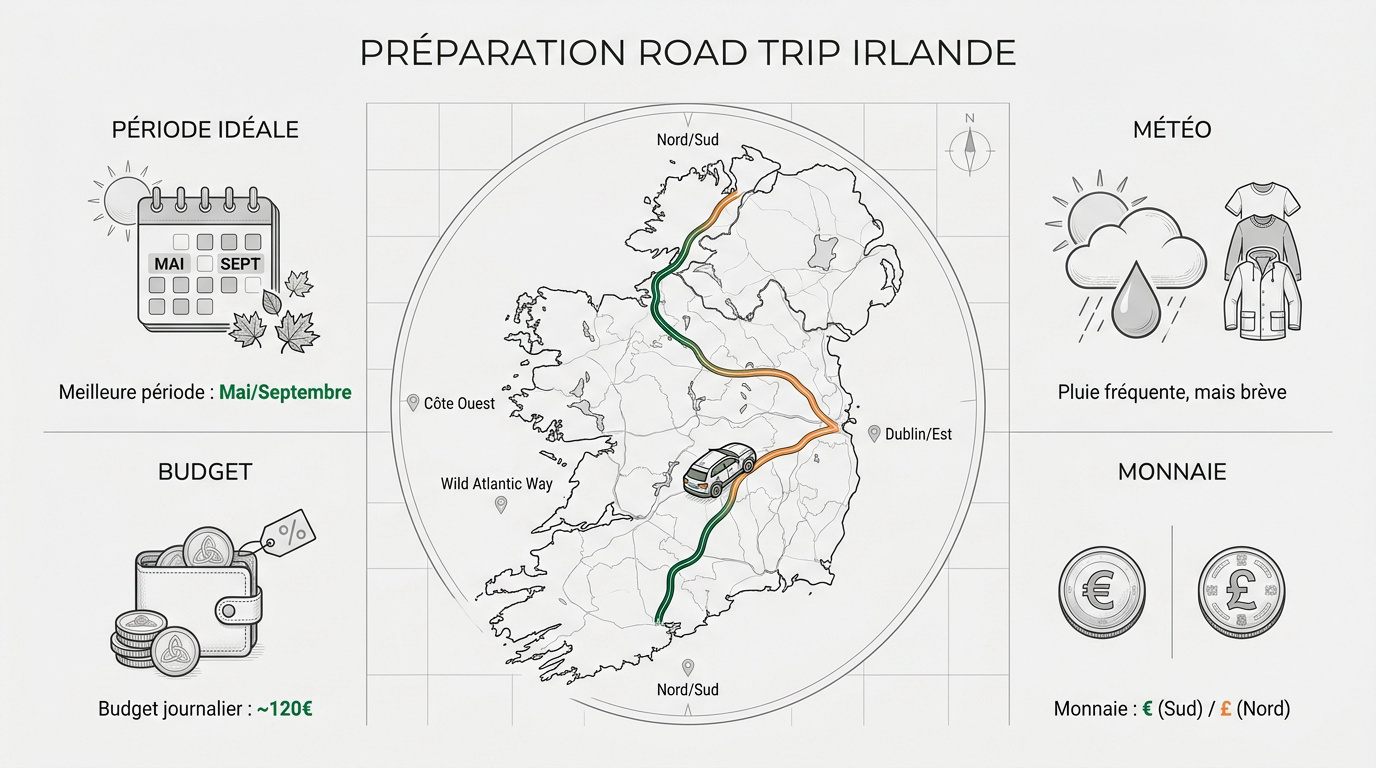 voiture de location sur une route côtière en Irlande avec paysages verdoyants