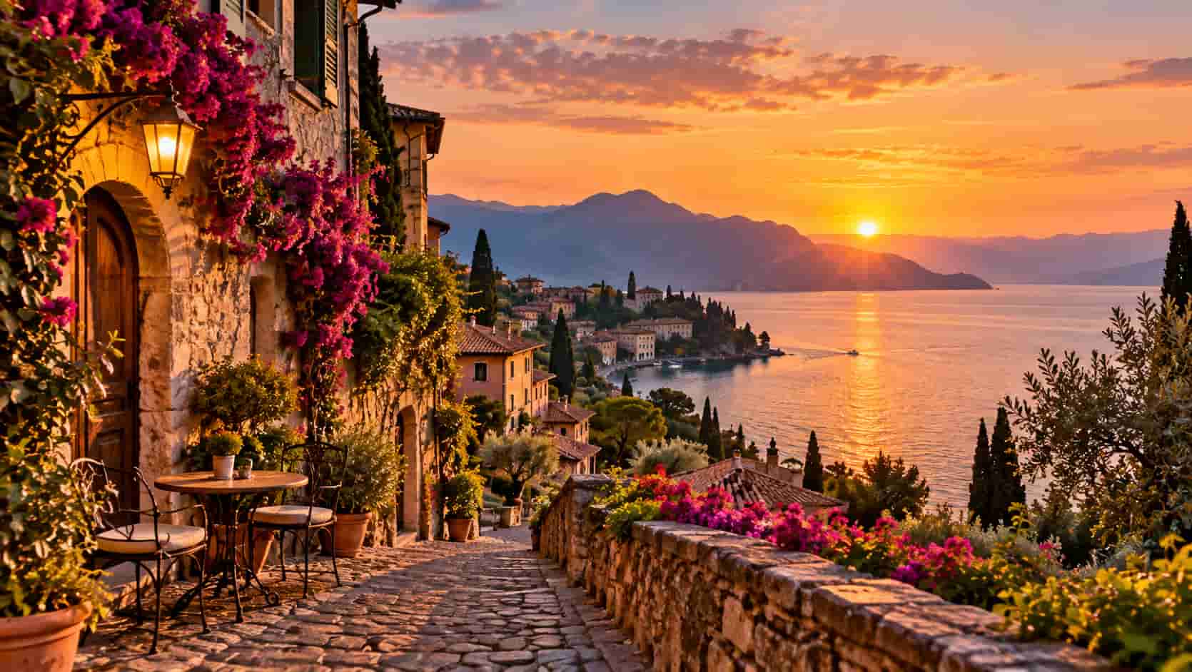 Un village italien au coucher du soleil.